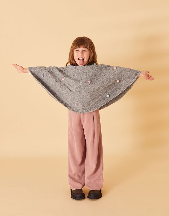 Girls Pom-Pom Poncho, Grey (GREY), large