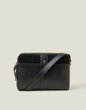 Double Zip Leather Cross-Body Bag, Black (BLACK), large