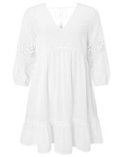 Lace Insert Smock Dress in Organic Cotton, White (WHITE), large