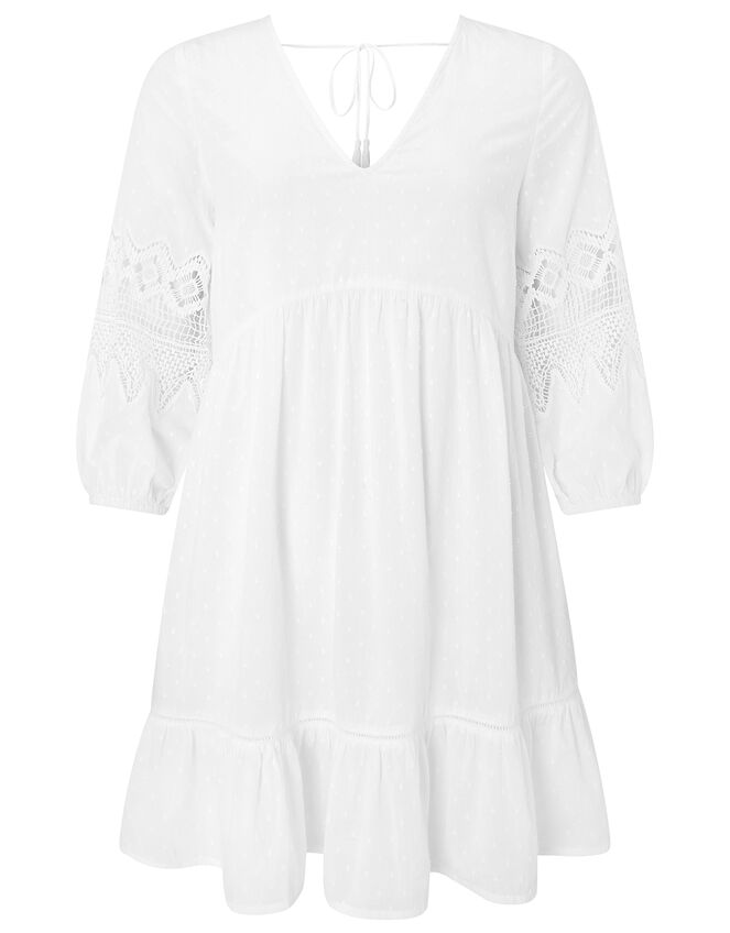 Lace Insert Smock Dress in Organic Cotton, White (WHITE), large