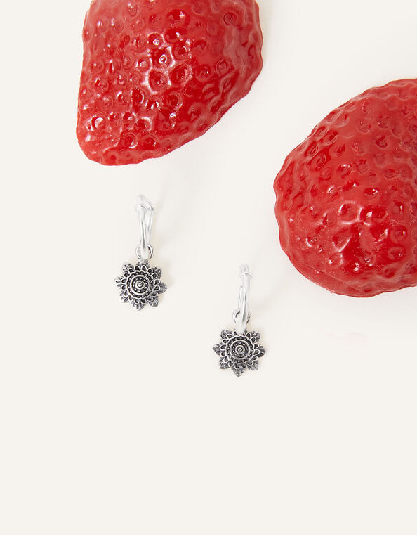 Sterling Silver Flower Charm Hoop Earrings , , large
