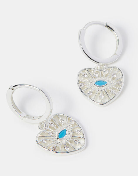 Sterling Silver-Plated Evil Eye Charm Hoop Earrings, , large