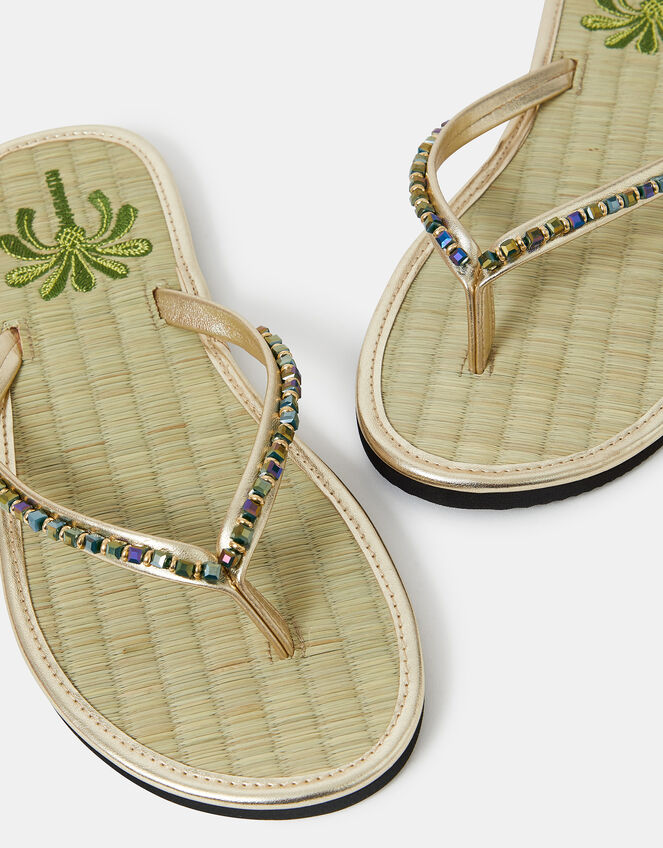 Beaded Palm Seagrass Flip Flops, Gold (GOLD), large