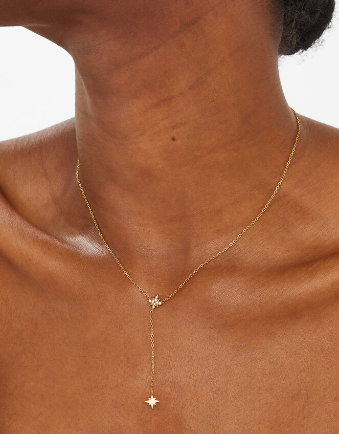 14ct Gold-Plated Diamante Star Lariat Necklace, , large