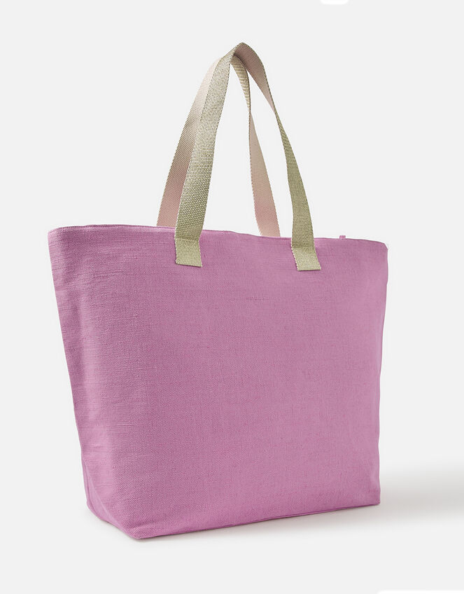 Paradise Palm Print Embroidered Tote Bag, Pink (PINK), large