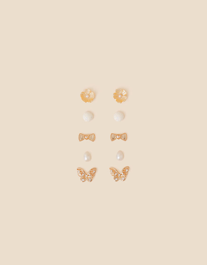 Kids Butterfly Stud Earrings 5 Pack, Gold (GOLD), large