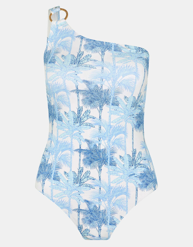 Palm Print One-Shoulder Swimsuit, White (WHITE), large