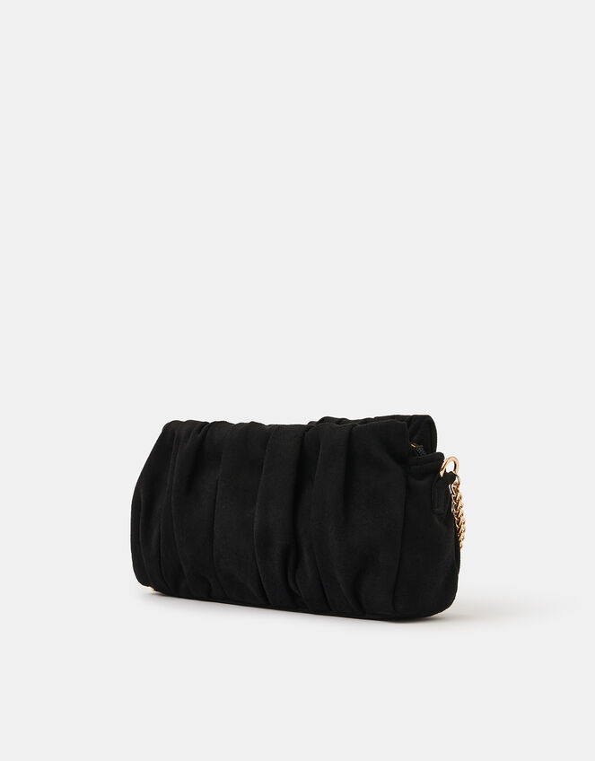 Ruched Faux Suede Clutch Bag, Black (BLACK), large