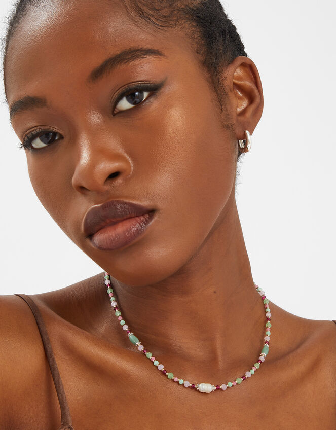 Sterling Silver-Plated Semi-Precious Bead Necklace, , large