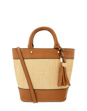 Raffia Stripe Shopper Bag, Tan (TAN), large