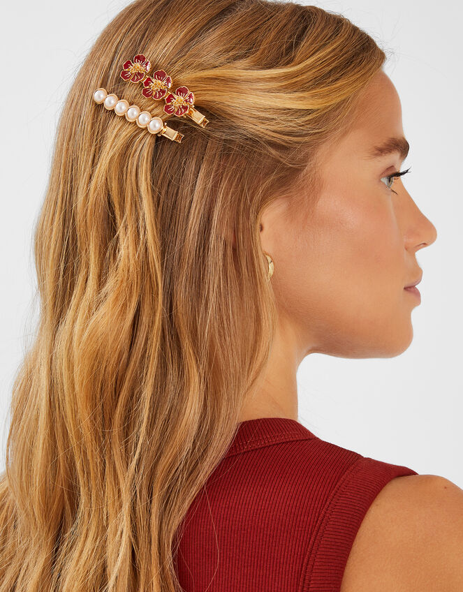 2-Pack Flower & Pearl Hair Clips, , large