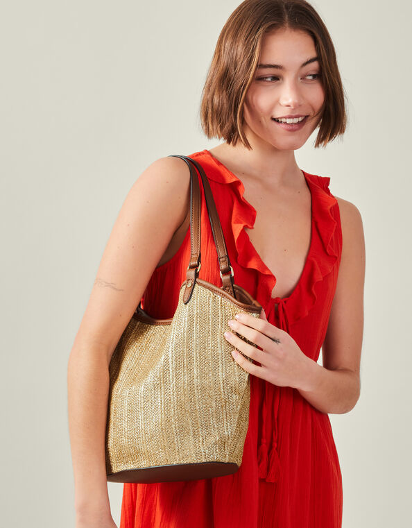 Metallic Raffia Shopper Bag, , large