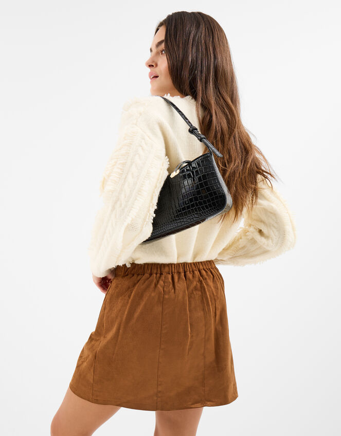 Floral Embroidered Faux Suede Mini Skirt, Tan (TAN), large