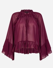 Ruffle Chiffon Blouse, Red (BURGUNDY), large