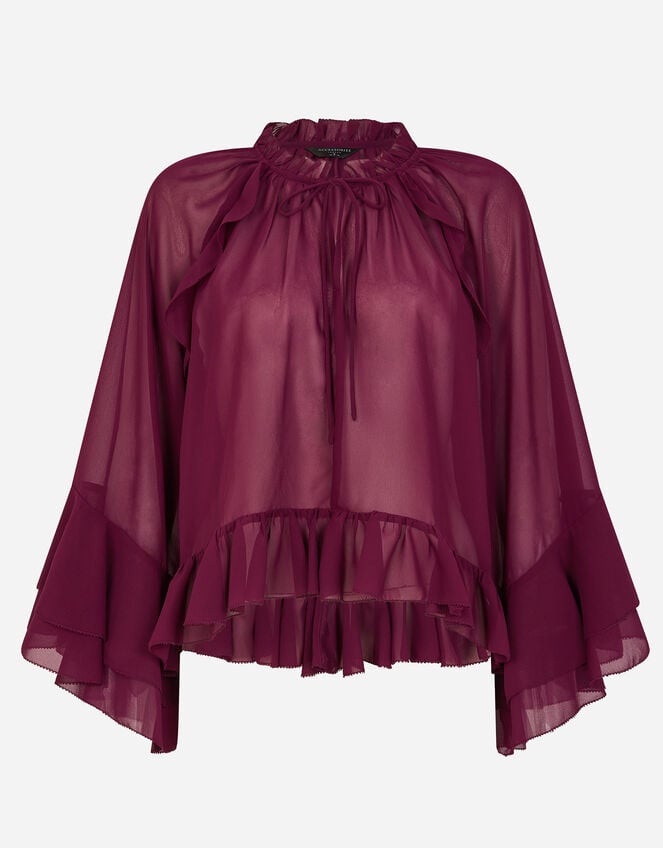 Ruffle Chiffon Blouse, Red (BURGUNDY), large