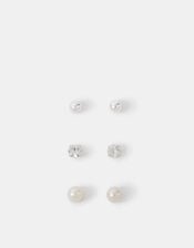 3-Pack Sterling Silver-Plated Pearl Mix Stud Earrings, , large