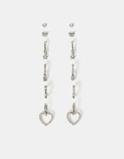 6-Pack Pavé Heart Stud and Hoop Earrings Silver, , large