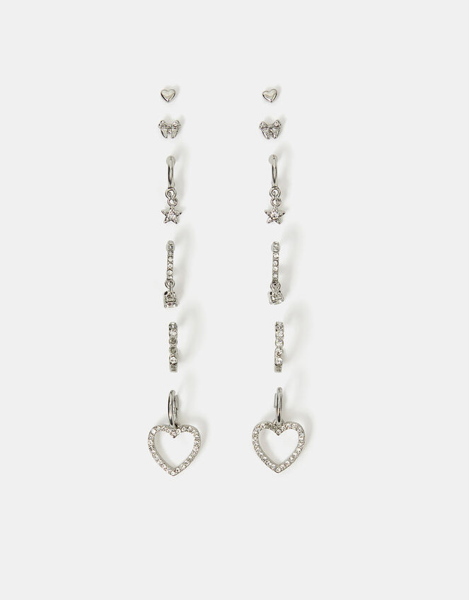6-Pack Pavé Heart Stud and Hoop Earrings Silver, , large