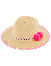 Colourful Pom-Pom Fedora Hat, Natural (NATURAL), large