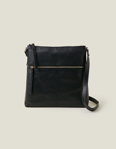 Leather Large Messenger Bag, Black (BLACK), large