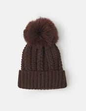 Faux Fur Pom Beanie Hat, Brown (CHOCOLATE), large