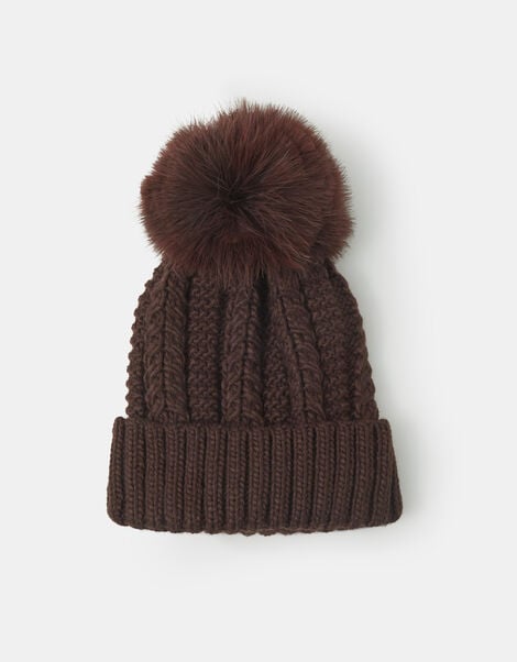 Faux Fur Pom Beanie Hat, Brown (CHOCOLATE), large