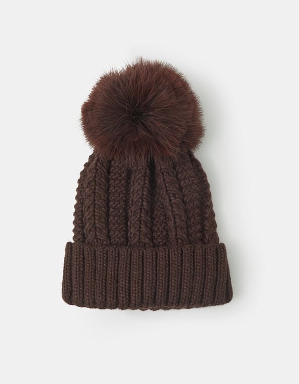 Faux Fur Pom Beanie Hat, Brown (CHOCOLATE), large