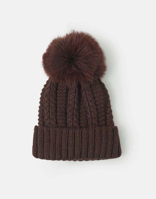 Faux Fur Pom Beanie Hat, Brown (CHOCOLATE), large