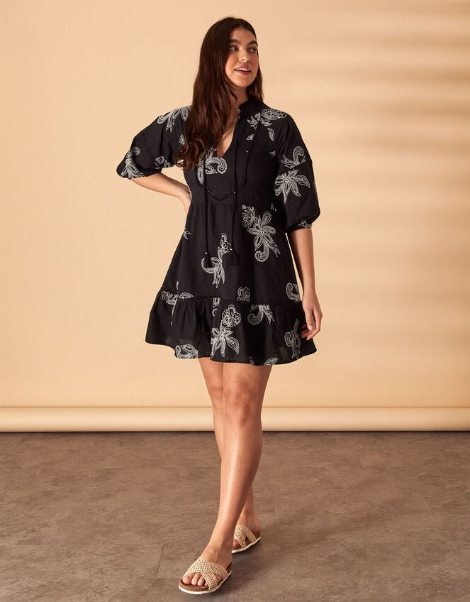 Embroidered Tassel Mini Dress, Black (BLACK WHITE), large