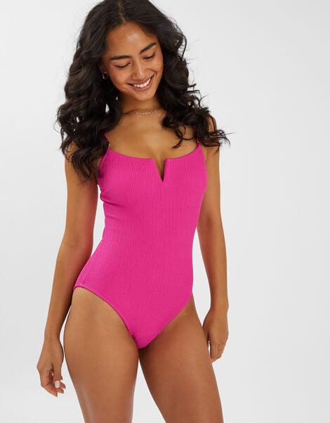V-Front Textured Swimsuit, Pink (PINK), large