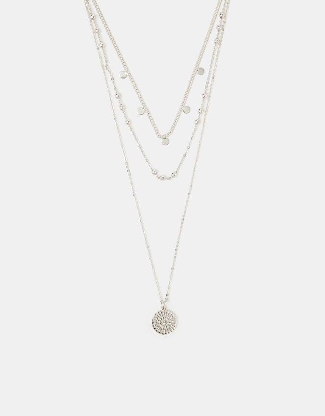 Filigree Coin Pendant Layered Necklace, Silver (SILVER), large