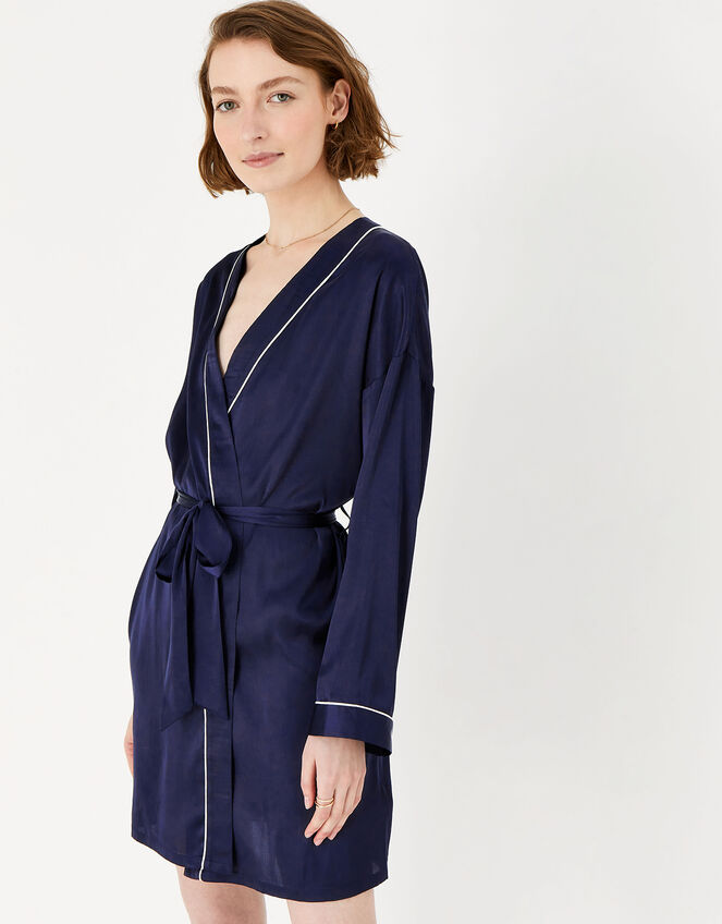 Piping Detail Satin Robe , Blue (NAVY), large