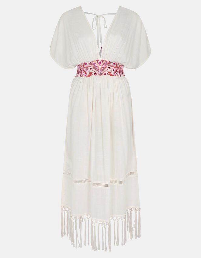 Palm Embroidered Fringe Kaftan Dress, Ivory (IVORY), large