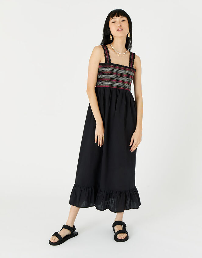 Smocked Midi Dress, Black (BLACK), large