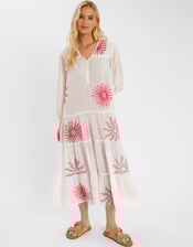 Sun Embroidered Long-Sleeve Maxi Dress, Ivory (IVORY), large