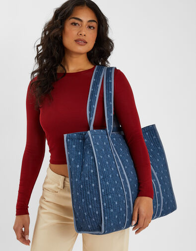 Polka Dot Denim Shopper Bag, , large