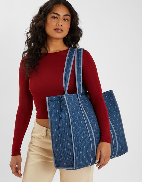 Polka Dot Denim Shopper Bag, , large