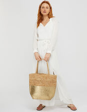 Sarah Woven Beach Tote Bag with Metallic Panel, , large
