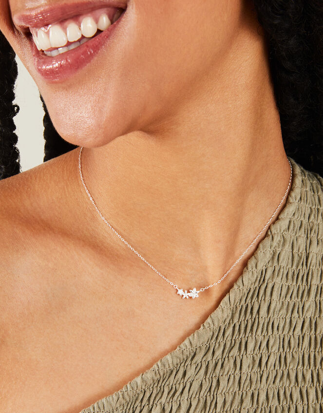Sterling Silver-Plated Sparkle Flower Necklace, , large