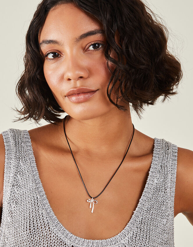 Sterling Silver-Plated Bow Cord Necklace, , large