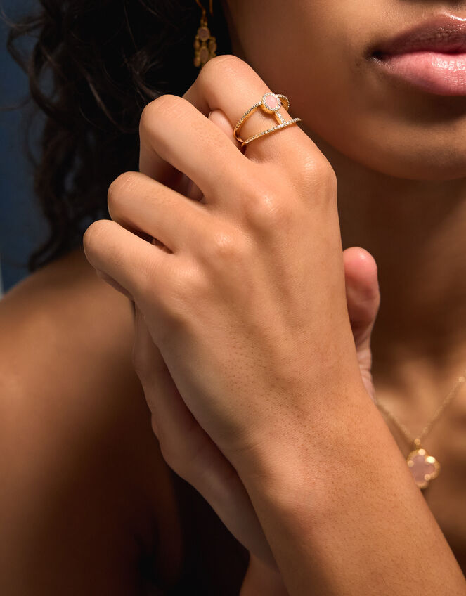 14ct Gold-Plated Rose Quartz Double Band Ring, Gold (GOLD), large