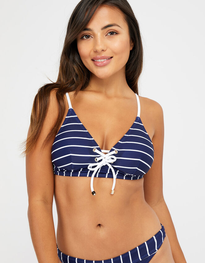 Striped Lace-Up Bikini Top, Blue (NAVY), large