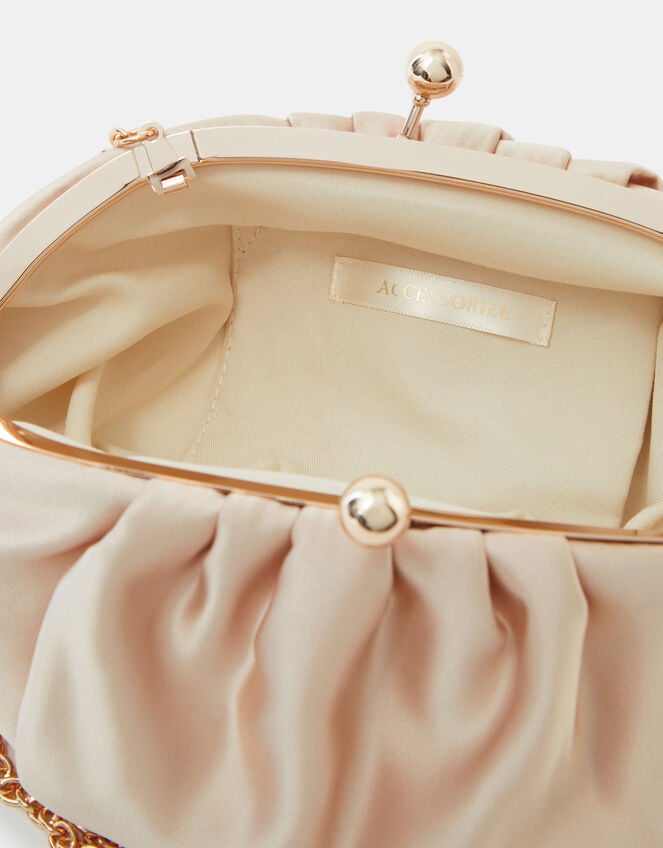 Ruched Satin Clip Frame Clutch Bag, Natural (CHAMPAGNE), large