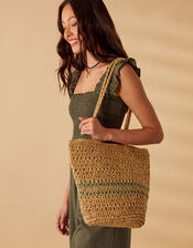 Stripe Raffia Shoulder Bag, , large