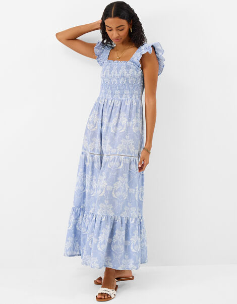 Tropical Print Smocked Maxi Dress, Blue (BLUE), large