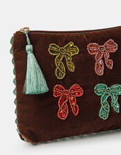 Embellished Bow Velvet Pouch, , large