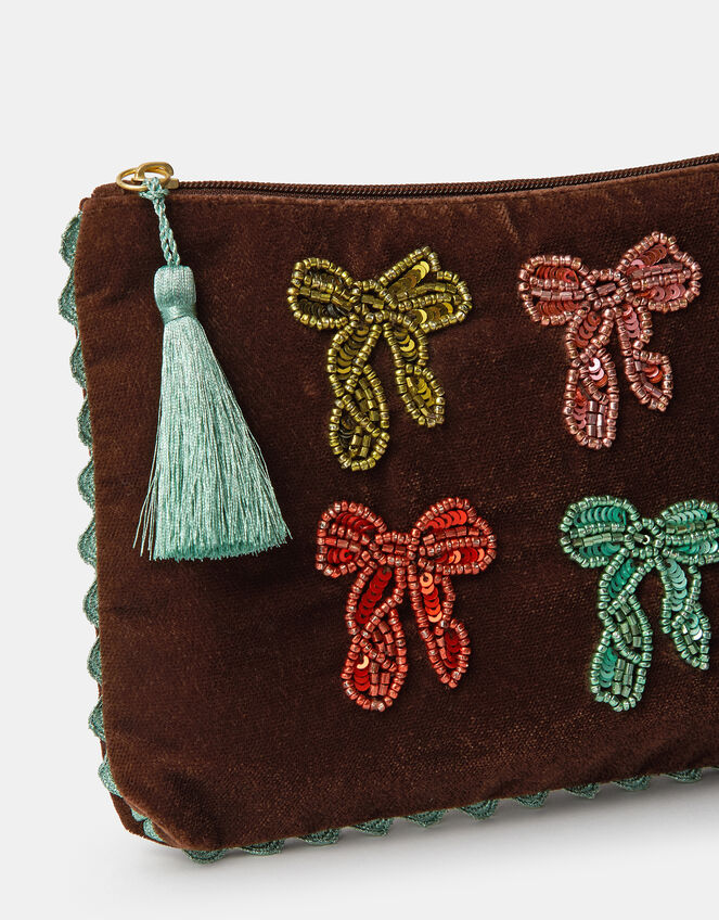 Embellished Bow Velvet Pouch, , large