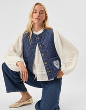 Heart Quilted Denim Waistcoat, DENIM, large