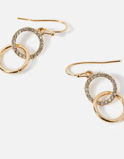 Pave Linked Circle Short Drop Earrings, Gold (GOLD), large