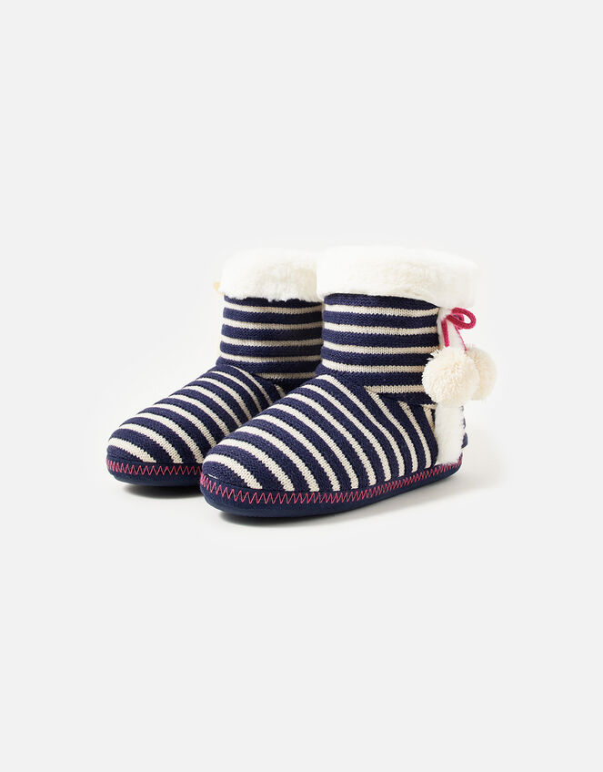 Nautical Stripe Knitted Slipper Boots, Blue (BLUE), large